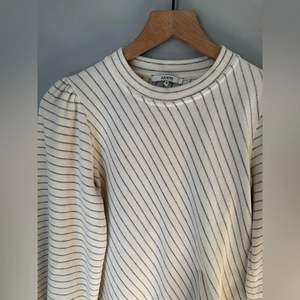 Ganni Women’s Rainbow Metallic Striped Ivory Hawley Velvet Retro Top Sz S